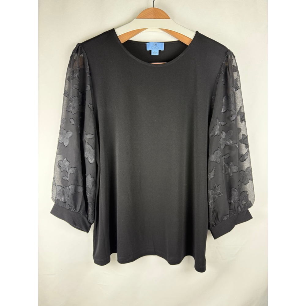 Women's CeCe Black Sheer Floral Sleeve Top Size XL